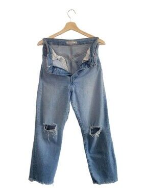 LEVI'S Ribcage Straight Ankle Jeans Sz 28 Light Wash Distressed Raw Hem Vtg Insp